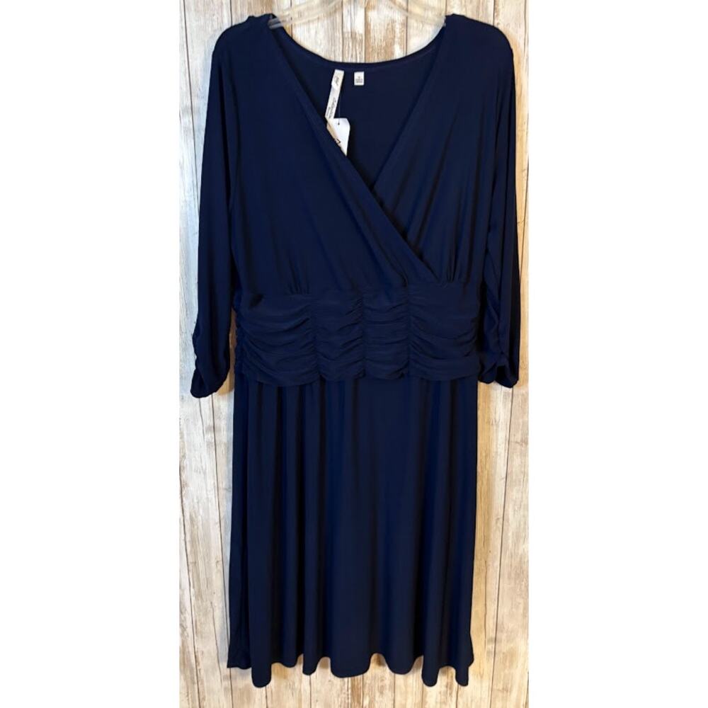 NY Collection Navy A-Line Dress Ruching Waist Sleeves Plus Size 1X NWT